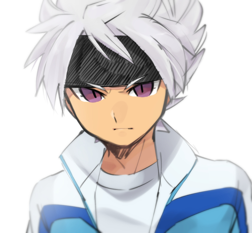 1boy blurry bust earth_eleven headband ibuki_munemasa inazuma_eleven_(series) inazuma_eleven_go inazuma_eleven_go_galaxy jacket looking_at_viewer male_focus open_clothes open_jacket petagon short_hair sketch solo track_jacket violet_eyes white_background white_hair