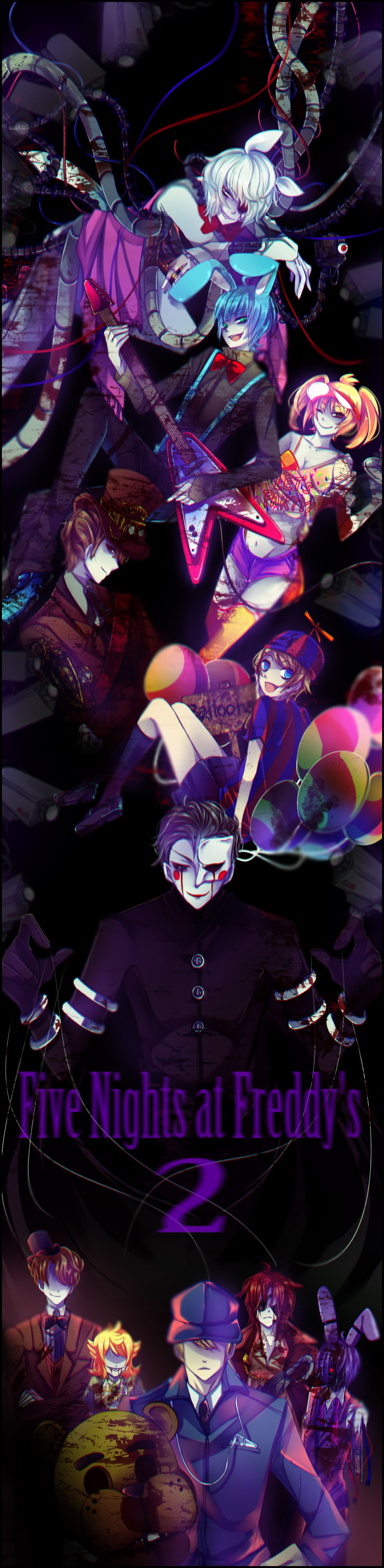 3girls 6+boys absurdres androgynous animal_ears balloon balloon_boy_(fnaf) bangs black_eyes black_hair blonde_hair blood bloody_tears blue_eyes blue_hair bonnie_(fnaf) bowtie breasts brown_hair buttons cameo chica cleavage copyright_name english everyone eyepatch fangs five_nights_at_freddy's five_nights_at_freddy's_2 foxy_(fnaf) freddy_fazbear gatanii69 glowing glowing_eyes golden_freddy green_eyes guitar hat highres holding hook_hand instrument jeremy_fitzgerald long_image looking_at_viewer mangle multiple_boys multiple_girls open_mouth payot personification purple_hair red_eyes robot sign silver_hair tall_image the_puppet_(fnaf) top_hat toy_bonnie toy_chica toy_freddy