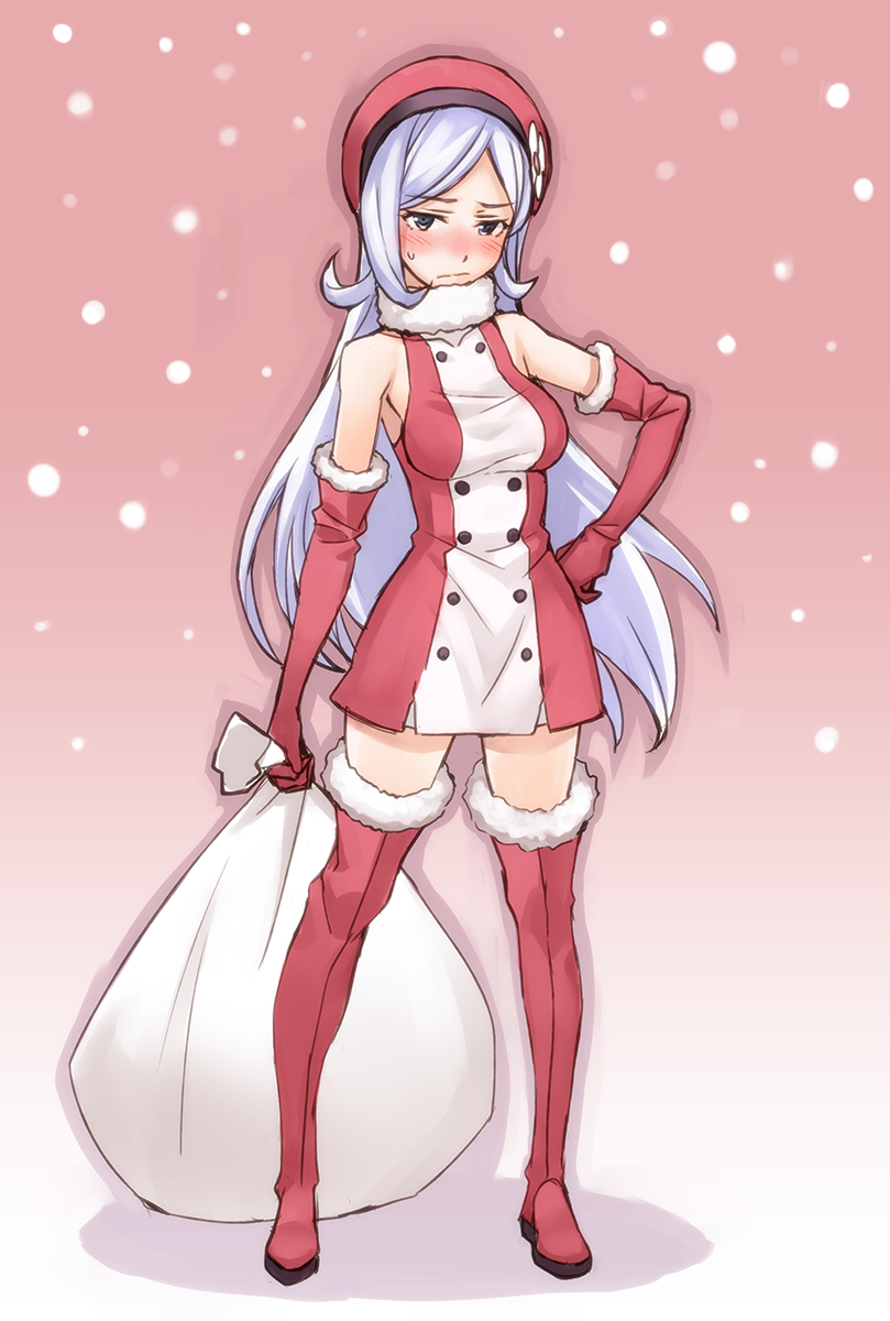 1girl adapted_costume aila_jyrkiainen blue_eyes boots breasts elbow_gloves fur_boots fur_trim gloves gundam gundam_build_fighters hand_on_hip hat highres long_hair looking_at_viewer matsuryuu red_boots red_gloves red_legwear sack santa_boots silver_hair solo thigh-highs thigh_boots white_gloves zettai_ryouiki