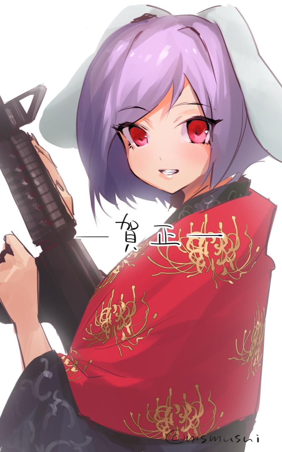 1girl animal_ears assault_rifle blush bust gun highres japanese_clothes kimono looking_at_viewer msmusui new_year purple_hair rabbit_ears reisen rifle short_hair simple_background smile solo touhou twitter_username weapon white_background