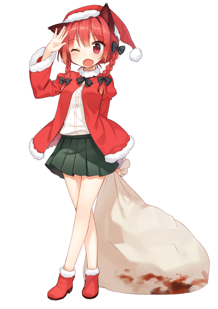 1girl alternate_costume animal_ears bag blood blush boots bow braid cardigan cat_ears christmas fang full_body hair_bow hair_ornament hat kaenbyou_rin long_hair long_sleeves one_eye_closed open_mouth puffy_sleeves red_eyes redhead sack santa_boots santa_costume santa_hat shinoba shirt simple_background skirt smile solo touhou twin_braids white_background