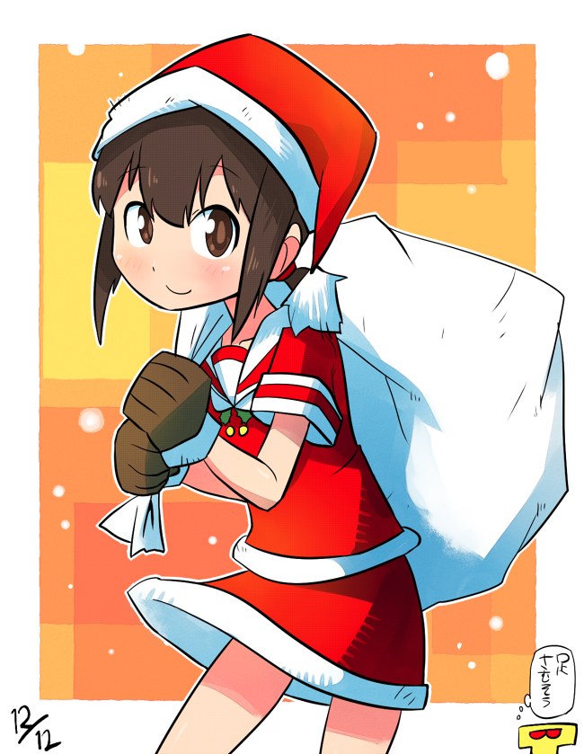 1boy alternate_costume brown_eyes brown_gloves brown_hair fubuki_(kantai_collection) gloves hat kantai_collection long_hair looking_at_viewer rariatto_(ganguri) santa_costume santa_hat smile solo t-head_admiral translation_request