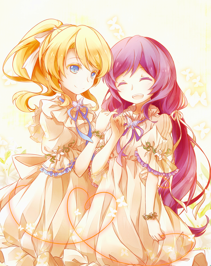 2girls ^_^ ayase_eli blonde_hair blue_eyes butterfly closed_eyes dress hacko hair_ribbon heart heart_of_string love_live!_school_idol_project multiple_girls open_mouth ponytail purple_hair red_string ribbon smile string toujou_nozomi white_dress