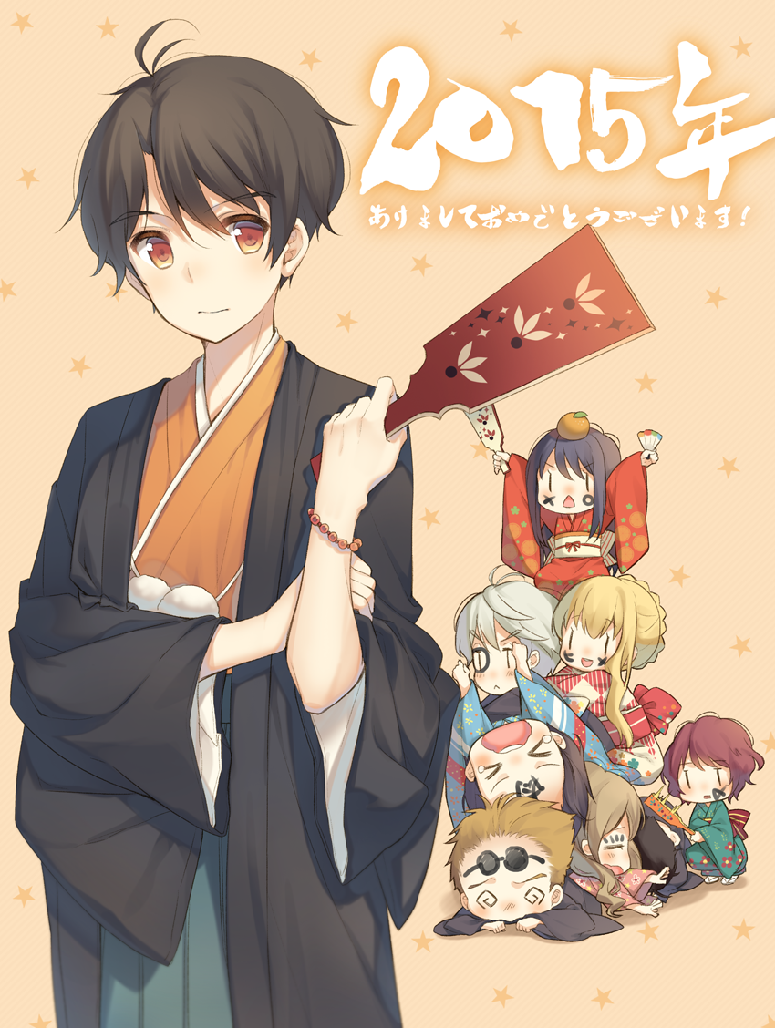 aldnoah.zero amifumi_inko asseylum_vers_allusia brown_hair calm_craftman chibi food fruit happy_new_year japanese_clothes kaizuka_inaho kaizuka_yuki long_hair new_year nina_klein open_mouth orange rayet_areash slaine_troyard smile translated yamucha