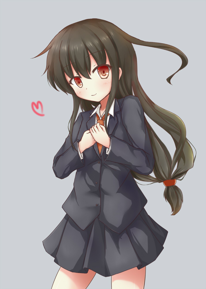 1girl black_hair black_skirt blazer blush cowboy_shot grey_background hands_on_own_chest hatsushimo_(kantai_collection) heart kantai_collection long_hair looking_at_viewer low-tied_long_hair necktie pleated_skirt red_eyes simple_background sinra_(rakuto) skirt smile solo