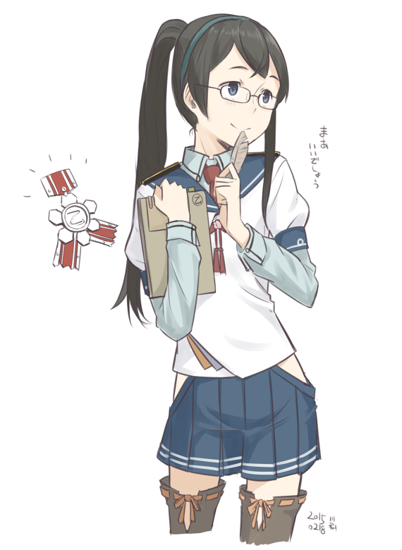 1girl alternate_hairstyle artist_name black_hair blue_eyes cowboy_shot dated glasses hairband hakama_skirt kantai_collection kawashina_(momen_silicon) long_hair long_sleeves medal ooyodo_(kantai_collection) quill school_uniform serafuku side_slit simple_background smile solo twintails white_background