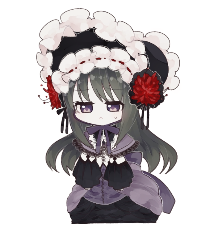 1girl akemi_homura black_hair chibi dress fc_(efushii) flower frown homulilly long_hair mahou_shoujo_madoka_magica mahou_shoujo_madoka_magica_movie simple_background solo spider_lily spoilers violet_eyes white_background witch_(madoka_magica)