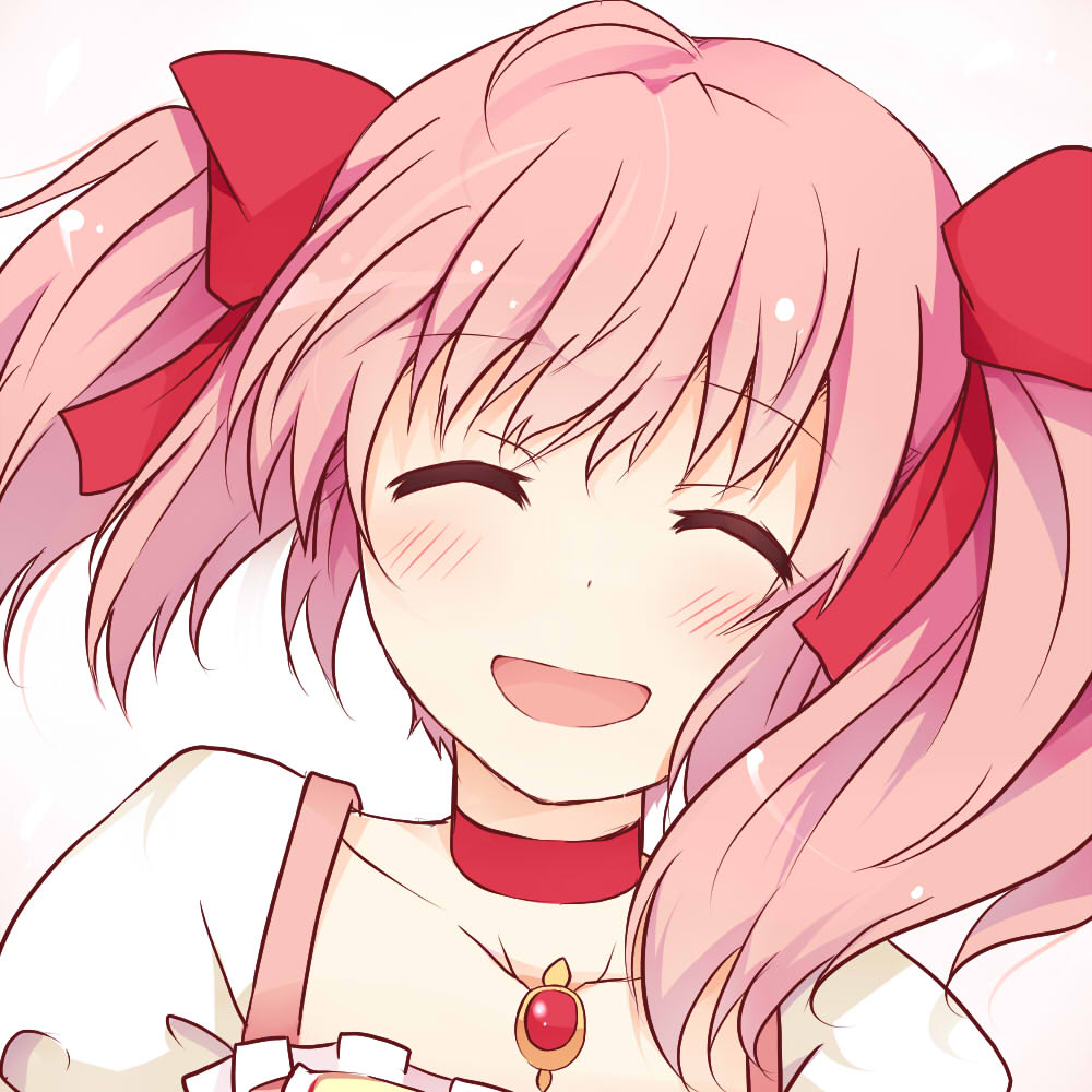 1girl ^_^ blush bow choker closed_eyes hair_bow kaname_madoka kotaka magical_girl mahou_shoujo_madoka_magica open_mouth pink_hair simple_background smile solo twintails white_background