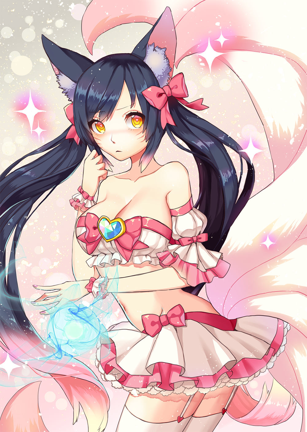 1girl ahri alternate_costume alternate_hairstyle animal_ears blue_hair breasts fox_ears fox_girl fox_tail garter_straps highres large_breasts league_of_legends long_hair magical_girl midriff miniskirt multiple_tails off_shoulder skirt solo tail thigh-highs twintails very_long_hair whisker_markings whitehee93 yellow_eyes zettai_ryouiki