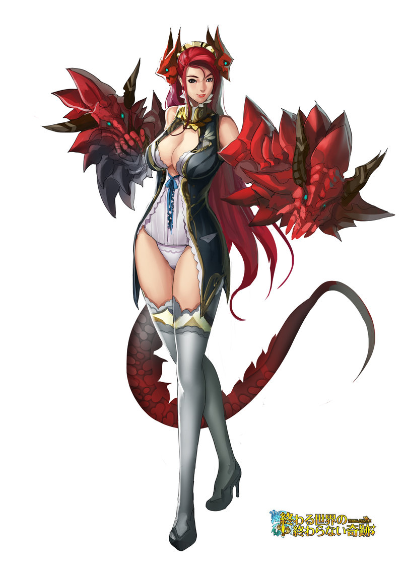 1girl bare_shoulders breasts claws cleavage demon_girl hydra long_hair looking_at_viewer monster_girl narongchai_singhapand panties smile solo tail thigh-highs underwear