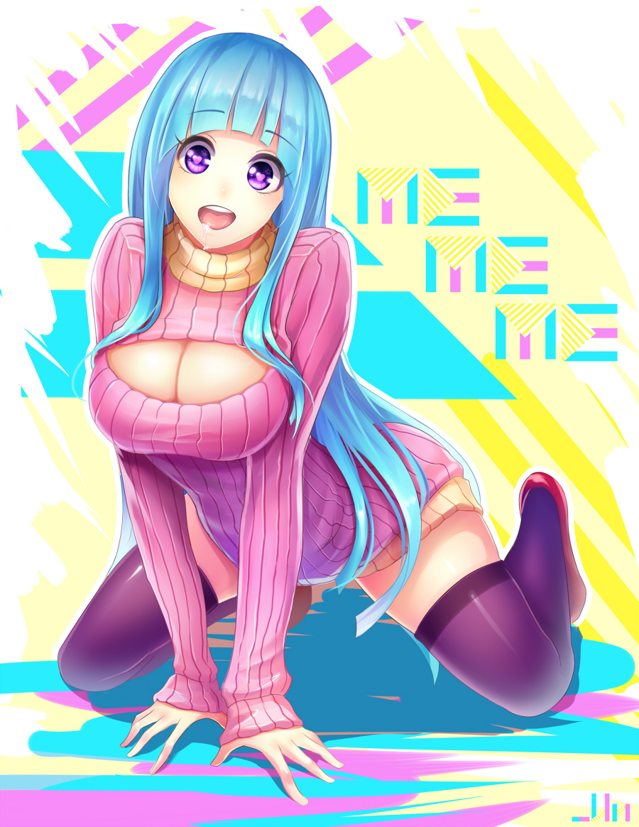 1girl all_fours blue_hair breasts cleavage_cutout long_hair looking_at_viewer me!me!me! meme_(me!me!me!) open-chest_sweater open_mouth smile solo sweater thighhighs turtleneck turtleneck_sweater un_s very_long_hair violet_eyes