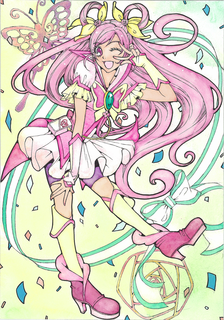 1girl ;d bike_shorts boots butterfly collar collared_shirt cure_dream earrings flower gloves hair_ornament hair_rings half_updo jewelry kneehighs long_hair looking_at_viewer magical_girl one_eye_closed open_mouth pink_eyes pink_hair precure ribbon rose sayococco shorts_under_skirt skirt smile solo traditional_media twintails v white_skirt yes!_precure_5 yes!_precure_5_gogo! yumehara_nozomi