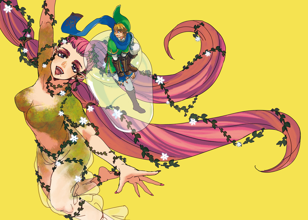 1boy 1girl blonde_hair boots breasts eyeshadow flower giantess great_fairy hat in_container jar link long_hair makeup no_nipples ocarina_of_time pink_hair pointy_ears scarf see-through size_difference the_legend_of_zelda tri_tails vambraces very_long_hair yo_mo zelda_musou