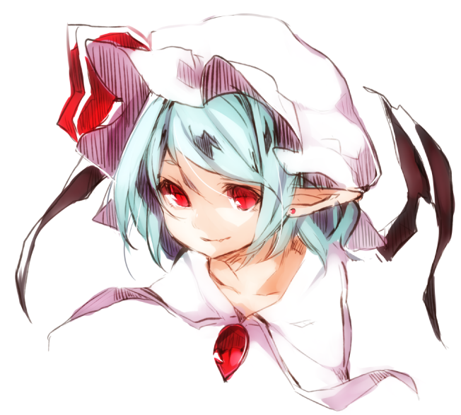 1girl akagashi_hagane bat_wings blue_hair bust earrings hat hat_ribbon jewelry mob_cap pointy_ears red_eyes remilia_scarlet ribbon short_hair simple_background solo touhou white_background wings