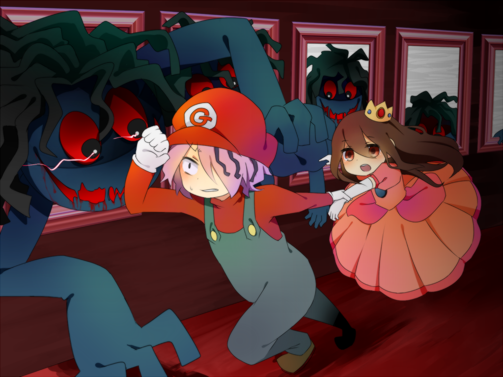 1boy 1girl arm_grab blood blood_from_mouth brown_hair clenched_teeth cosplay creepy crossover crown doll dress elbow_gloves garry_(ib) gloves hair_over_one_eye hat ib ib_(ib) long_hair mario mario_(cosplay) monster open_mouth overalls portrait princess_peach princess_peach_(cosplay) purple_hair red_eyes running short_hair super_mario_bros. sweatdrop white_gloves