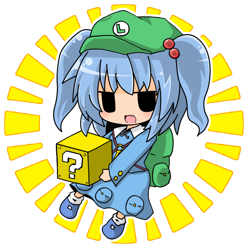 1girl ?_block backpack bag blue_hair chibi collared_shirt dress dress_shirt fang hair_bobbles hair_ornament hat jitome kawashiro_nitori key open_mouth pocket shirt simple_background solid_oval_eyes solo super_mario_bros. touhou twintails