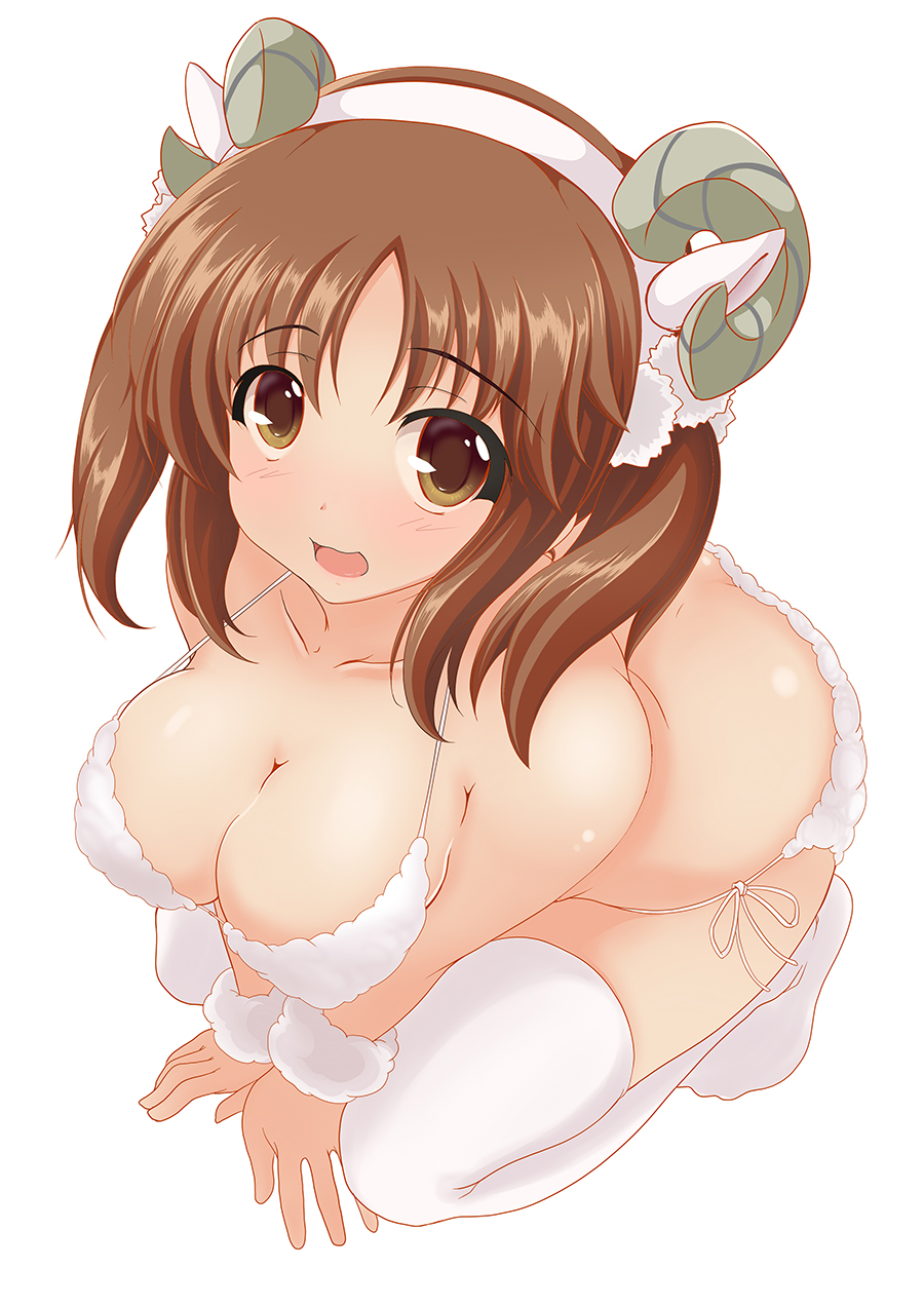 1girl all_fours bikini blush breasts brown_eyes brown_hair cleavage full-face_blush hairband highres horns idolmaster idolmaster_cinderella_girls kiri_(foxsnake) large_breasts long_hair looking_at_viewer side-tie_bikini skindentation smile squatting strap_gap swimsuit thighhighs totoki_airi twintails