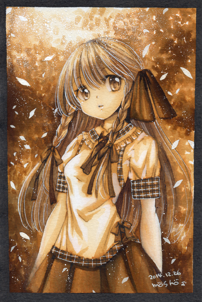 1girl artist_name braid brown_background brown_eyes brown_hair brown_skirt dated gradient gradient_background hair_ribbon long_hair looking_at_viewer mosho original petals ribbon shirt skirt solo traditional_media twin_braids white_shirt