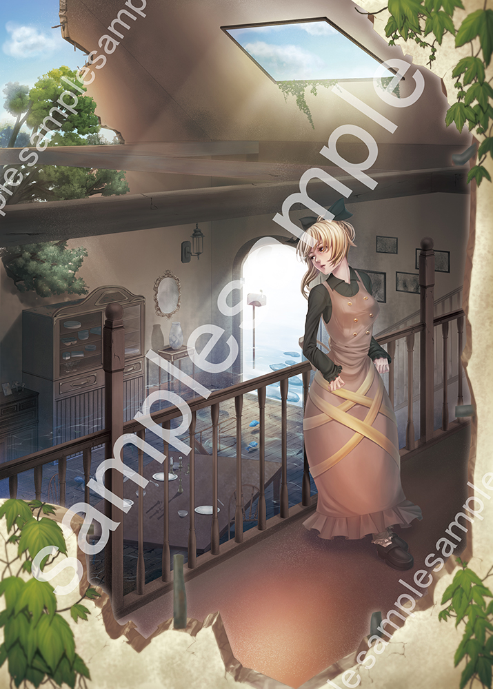 1girl black_shirt black_shoes blonde_hair blue_sky blurry bow bowl breasts brown_dress cabinet candle candlestand clouds collared_shirt depth_of_field dress fish flood hair_bow ivy kurodani_yamame lantern light_rays long_sleeves looking_back mailbox mikan@renshu-chu mirror overgrown picture_(object) plate ruins serious short_hair sky socks solo stairway standing stepping_stones sunlight table touhou tree vase water watermark wind window wooden_beam