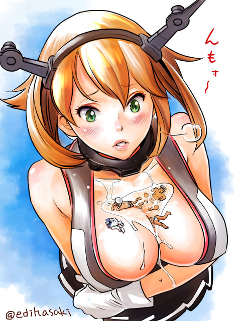 1girl 3boys bare_shoulders blush breast_hold breasts brown_hair bust_cup edih giantess gloves green_eyes hat headgear kantai_collection large_breasts military_hat multiple_boys mutsu_(kantai_collection) short_hair skirt twitter_username