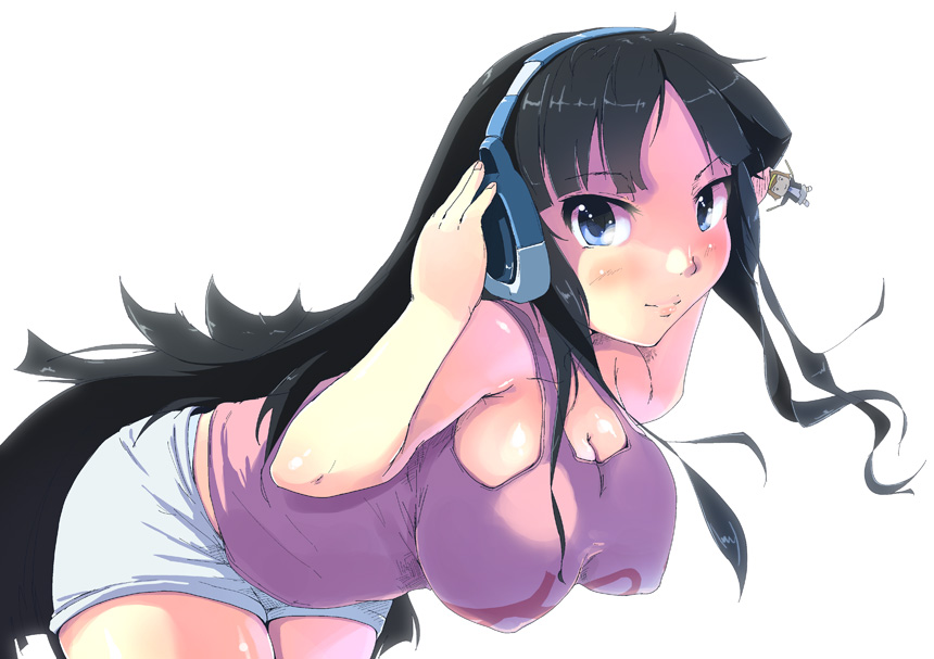 1girl akiyama_mio bent_over black_hair blue_eyes breasts casual cleavage headphones heiya k-on! long_hair