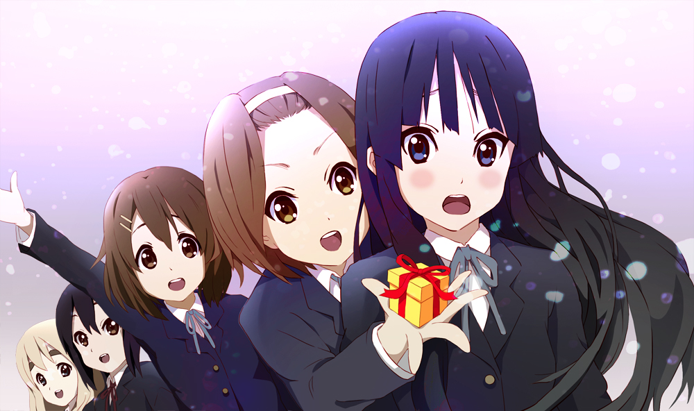 5girls akiyama_mio gift happy_birthday hirasawa_yui k-on! kotobuki_tsumugi light multiple_girls nakano_azusa school_uniform smile tainaka_ritsu