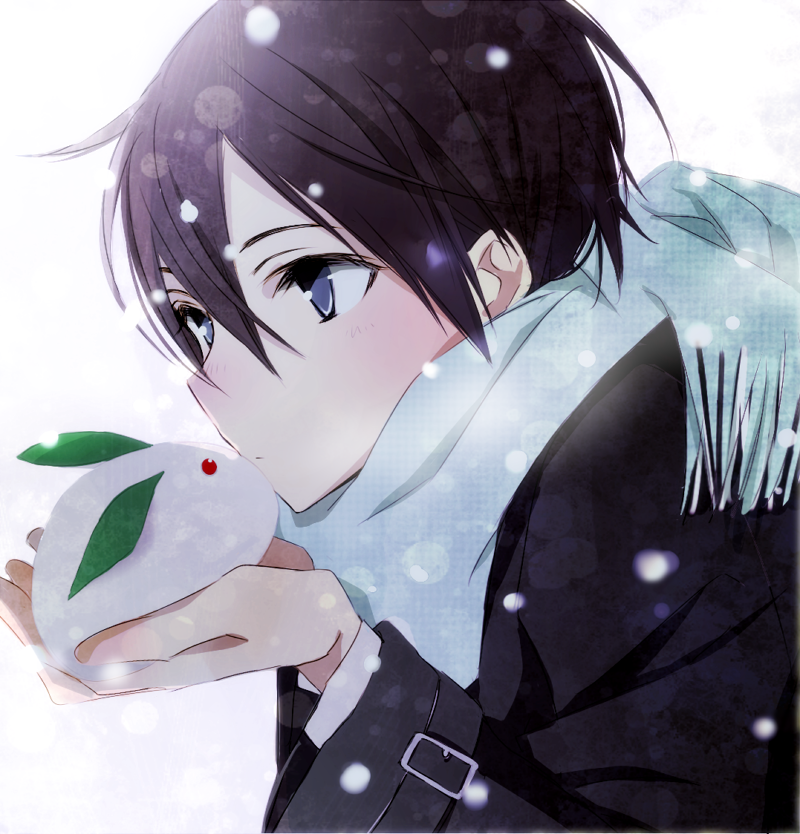 1boy black_eyes black_hair kirito scarf short_hair snow snow_bunny sword_art_online tsukimori_usako