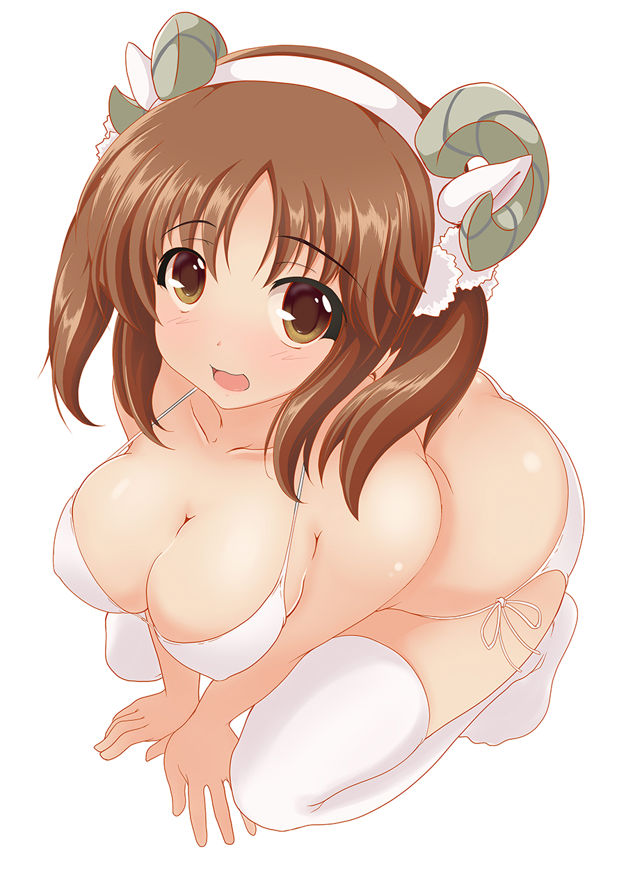 1girl bikini breasts brown_eyes brown_hair cleavage hairband highres horns idolmaster idolmaster_cinderella_girls kiri_(foxsnake) long_hair squatting swimsuit totoki_airi twintails