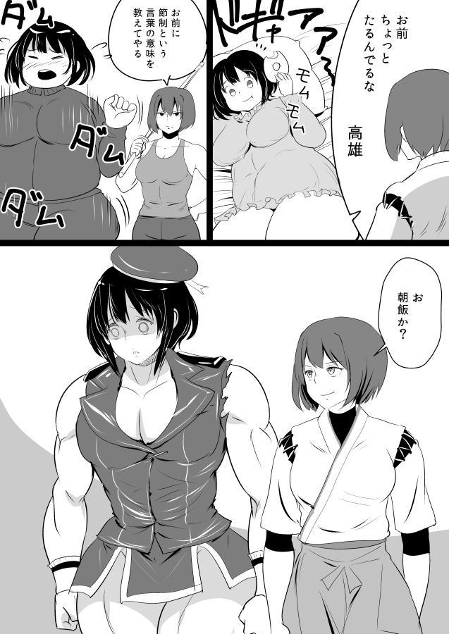 2girls beret bifidus blank_eyes comic exercise flying_sweatdrops hat hyuuga_(kantai_collection) japanese_clothes kantai_collection military military_uniform monochrome multiple_girls muscle short_hair simple_background takao_(kantai_collection) track_suit translation_request two-tone_background undershirt uniform