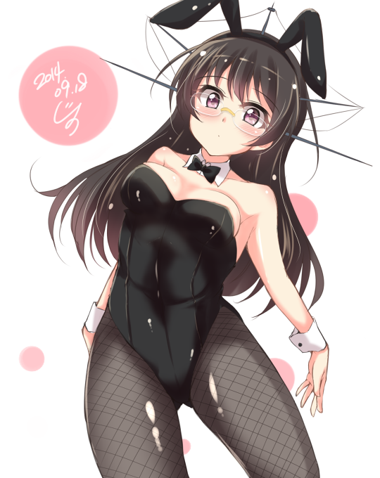 1girl animal_ears black_hair blush bowtie breasts bunny_girl bunnysuit choukai_(kantai_collection) cleavage dated detached_collar fishnet_pantyhose fishnets glasses headgear jiino kantai_collection long_hair pantyhose rabbit_ears red_eyes rimless_glasses solo wrist_cuffs
