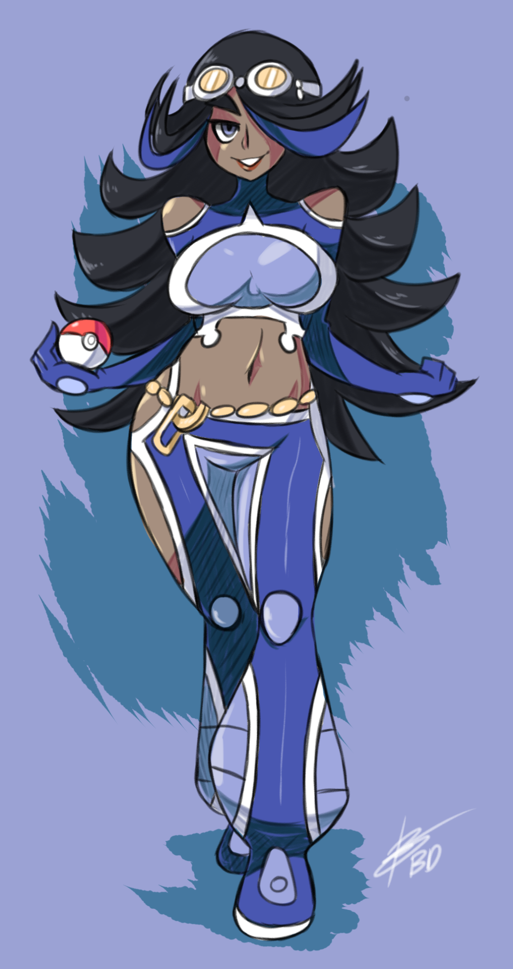 1girl bare_shoulders bellbottoms bigdead93 black_hair blue_eyes blue_hair breasts chain_belt contrapposto dark_skin full_body goggles goggles_on_head hair_over_one_eye highres holding holding_poke_ball izumi_(pokemon) izumi_(pokemon)_(remake) large_breasts long_hair midriff multicolored_hair navel poke_ball pokemon pokemon_(game) pokemon_oras solo team_aqua turtleneck