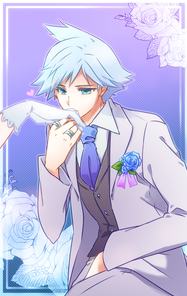 1boy blue_eyes flower gloves groom hair jewelry kazayuu_(yuuri) kiss_on_hand pokemon pokemon_(game) pokemon_oras ring short silver_hair tsuwabuki_daigo