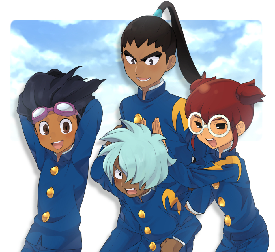 4boys aqua_hair arms_up black_eyes blush brown_eyes clouds dark_skin gakuran glasses goggles goggles_on_head hair_over_one_eye hamano_kaiji hayami_tsurumasa inazuma_eleven_(series) inazuma_eleven_go kurama_norihito long_hair male_focus multiple_boys nishiki_ryouma open_mouth petagon ponytail raimon raimon_school_uniform redhead school_uniform short_hair sky white_background