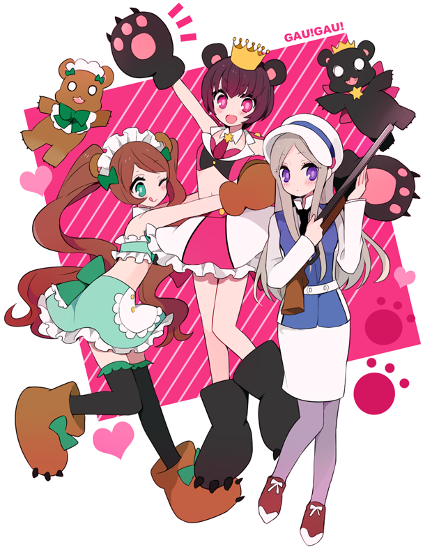 3girls animal_ears bear bear_ears bear_paws brown_hair crown green_eyes long_hair maid_headdress multiple_girls paws shichi short_hair smile tsubaki_kureha twintails violet_eyes yuri_kuma_arashi yurigasaki_lulu yurishiro_ginko