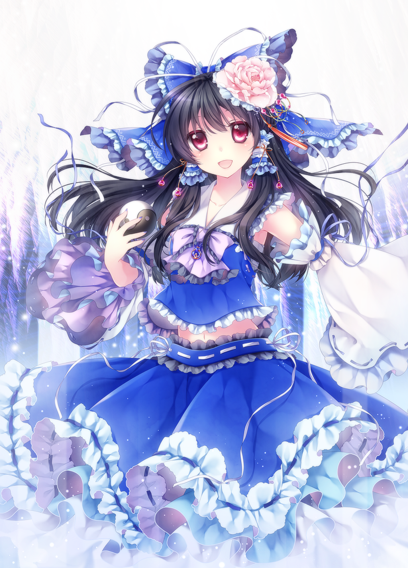 1girl alternate_color black_hair bow brooch detached_sleeves flower frilled_bow frilled_shirt frilled_skirt frilled_sleeves frills hair_bow hair_flower hair_ornament hair_tubes hakurei_reimu jewelry long_hair midriff mikazuki_sara navel open_mouth pink_eyes player_2 ribbon-trimmed_sleeves ribbon_trim shirt skirt skirt_set smile solo too_many_frills touhou yin_yang