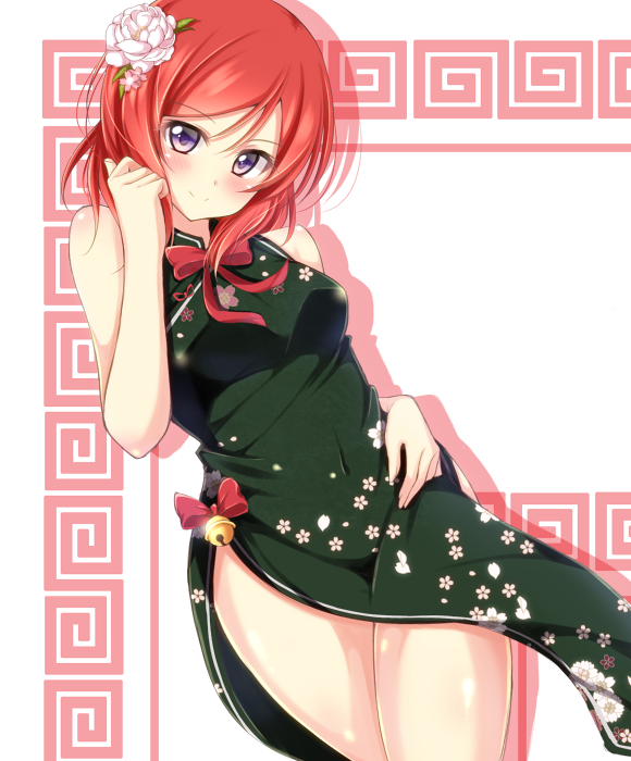 1girl bell blush china_dress chinese_clothes flower hair_flower hair_ornament jiino looking_at_viewer love_live!_school_idol_project nishikino_maki redhead short_hair smile solo violet_eyes