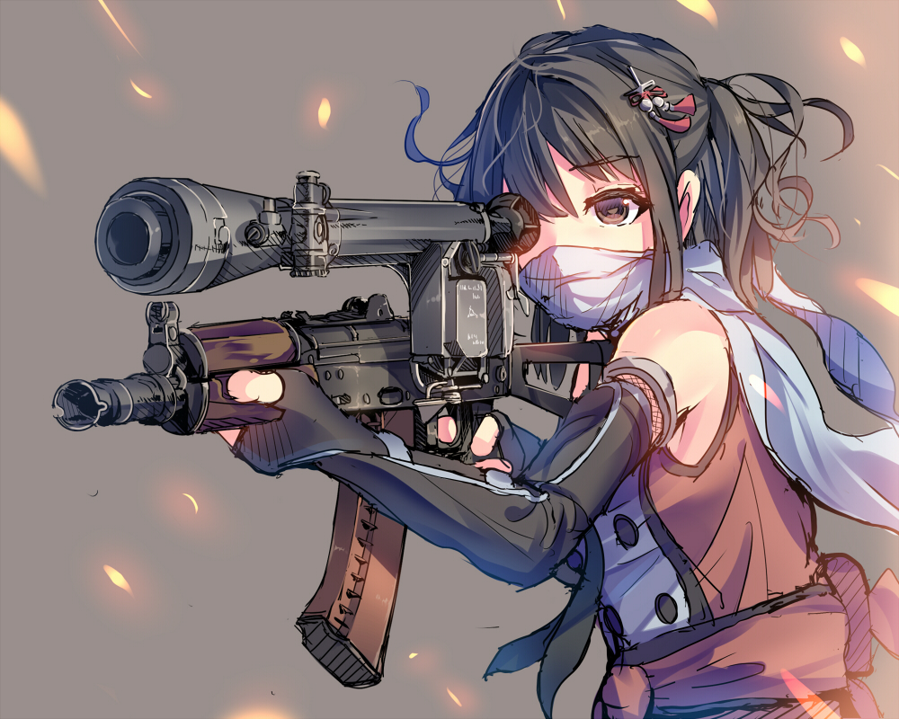1girl 1pn58_scope aiming aks-74u assault_rifle bare_shoulders black_gloves black_hair brown_eyes daito elbow_gloves finger_on_trigger fingerless_gloves gloves gun hair_ornament kantai_collection multicolored_hair rifle scarf scarf_over_mouth scope sendai_(kantai_collection) short_hair solo two-tone_hair weapon white_scarf