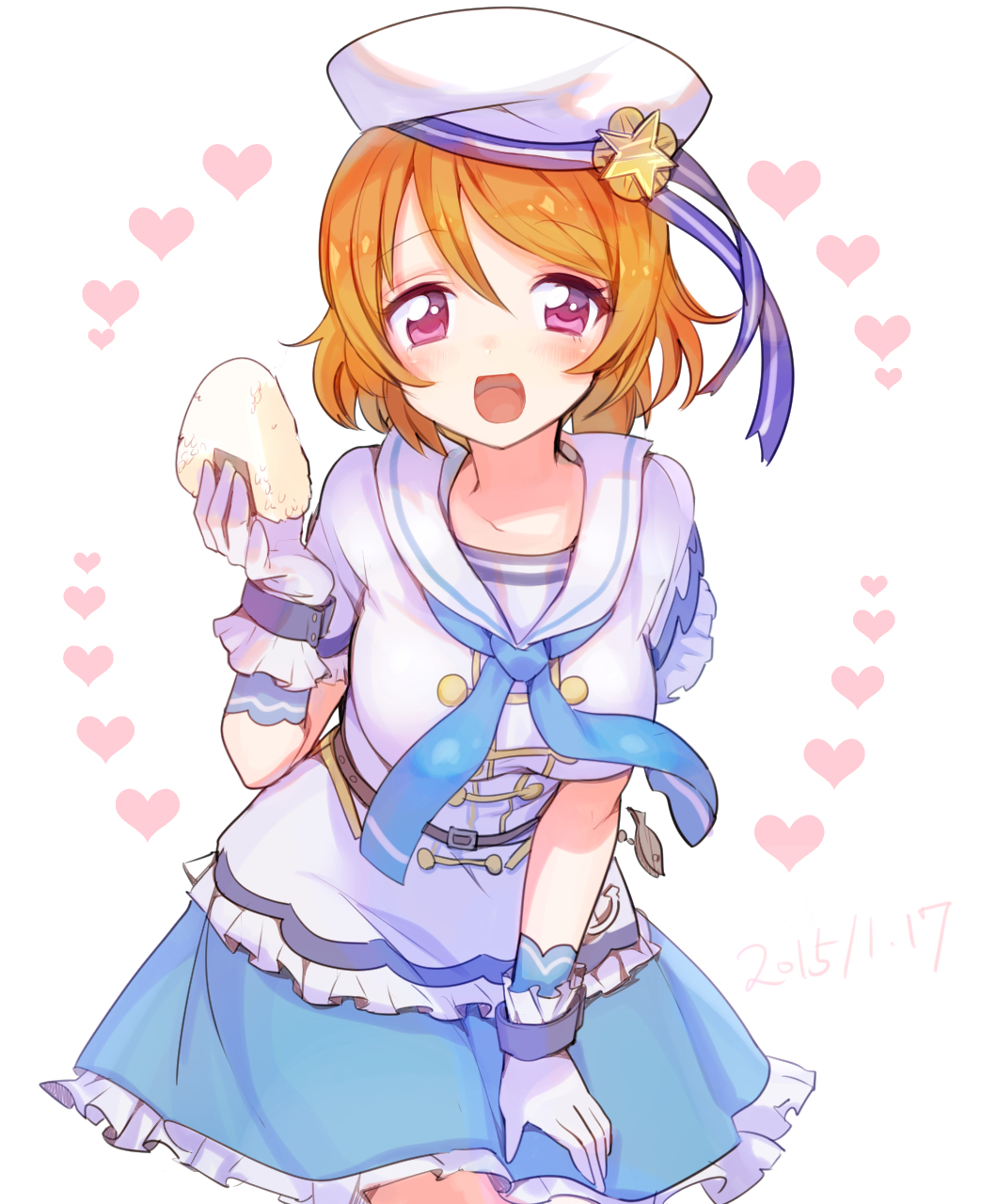 a_k_o blush brown_hair food gloves hat highres koizumi_hanayo looking_at_viewer love_live!_school_idol_project onigiri open_mouth short_hair skirt smile violet_eyes