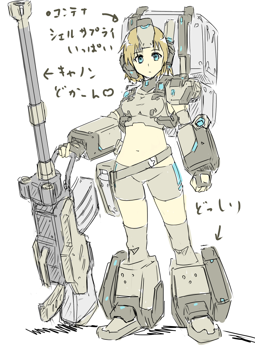 1girl blonde_hair blue_eyes breasts cosmic_break gun harukon_(halcon) highres looking_at_viewer short_hair simple_background solo translation_request weapon white_background