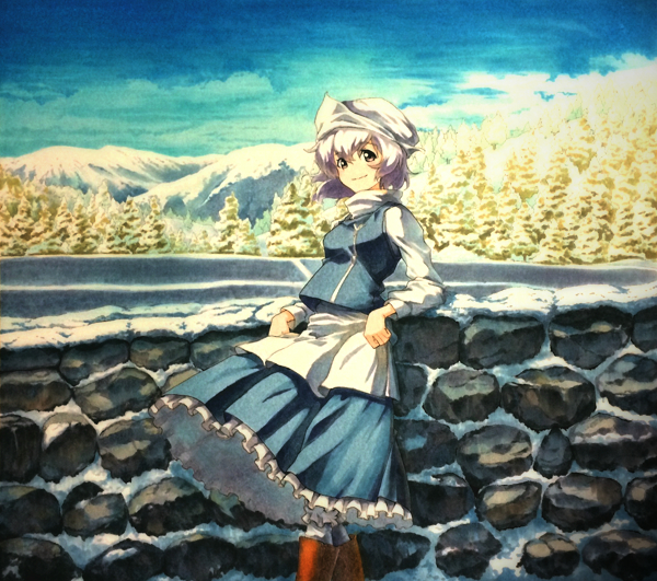 1girl arm_rest arm_support blue_sky boots brown_eyes clouds forest frilled_skirt frills hat knee_boots leaning_back letty_whiterock long_sleeves looking_at_viewer marker_(medium) millipen_(medium) mixed_media mountain nature outdoors shiratama_(hockey) short_hair silver_hair skirt skirt_hold sky smile snow solo stone_wall touhou traditional_media vest wall