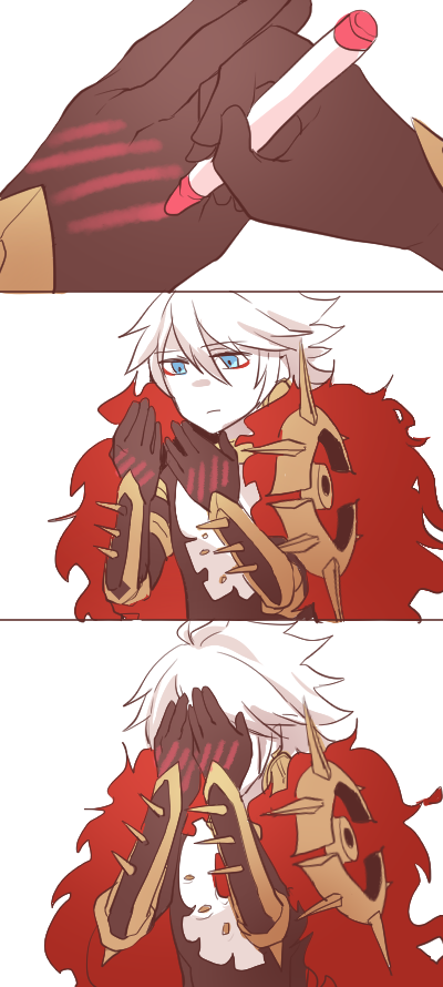 blush comic covering_face expressionless fate/apocrypha fate_(series) heru_(goldprin) lancer_of_red marker