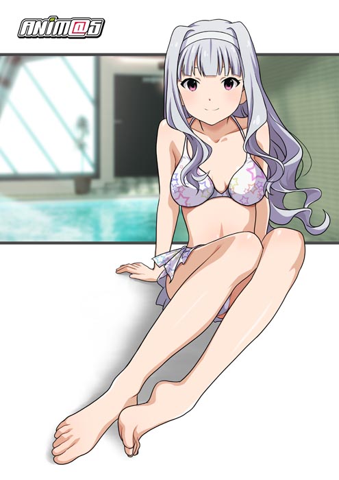 1girl bikini idolmaster long_hair rei_no_pool ryunnu shijou_takane silver_hair solo swimsuit violet_eyes