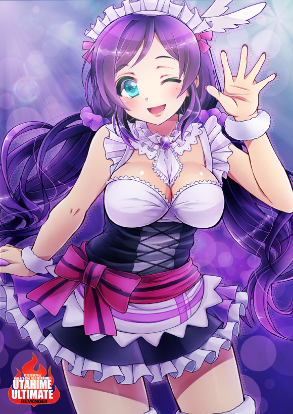1girl 81_(mellowry) blush breasts long_hair looking_at_viewer love_live!_school_idol_project maid maid_headdress mogyutto_"love"_de_sekkin_chuu! open_mouth pantyhose smile solo thigh-highs toujou_nozomi