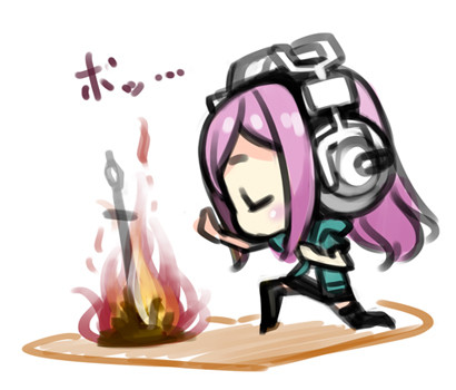 1girl chibi closed_eyes dark_souls headphones lowres minoa_(lastswallow) nitroplus open_mouth pink_hair solo souls_(from_software) super_sonico sword thigh-highs weapon