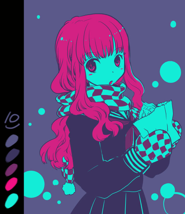 1girl blush_stickers coat fate/extra fate_(series) kishinami_hakuno_(female) limited_palette mgk968 mittens scarf solo