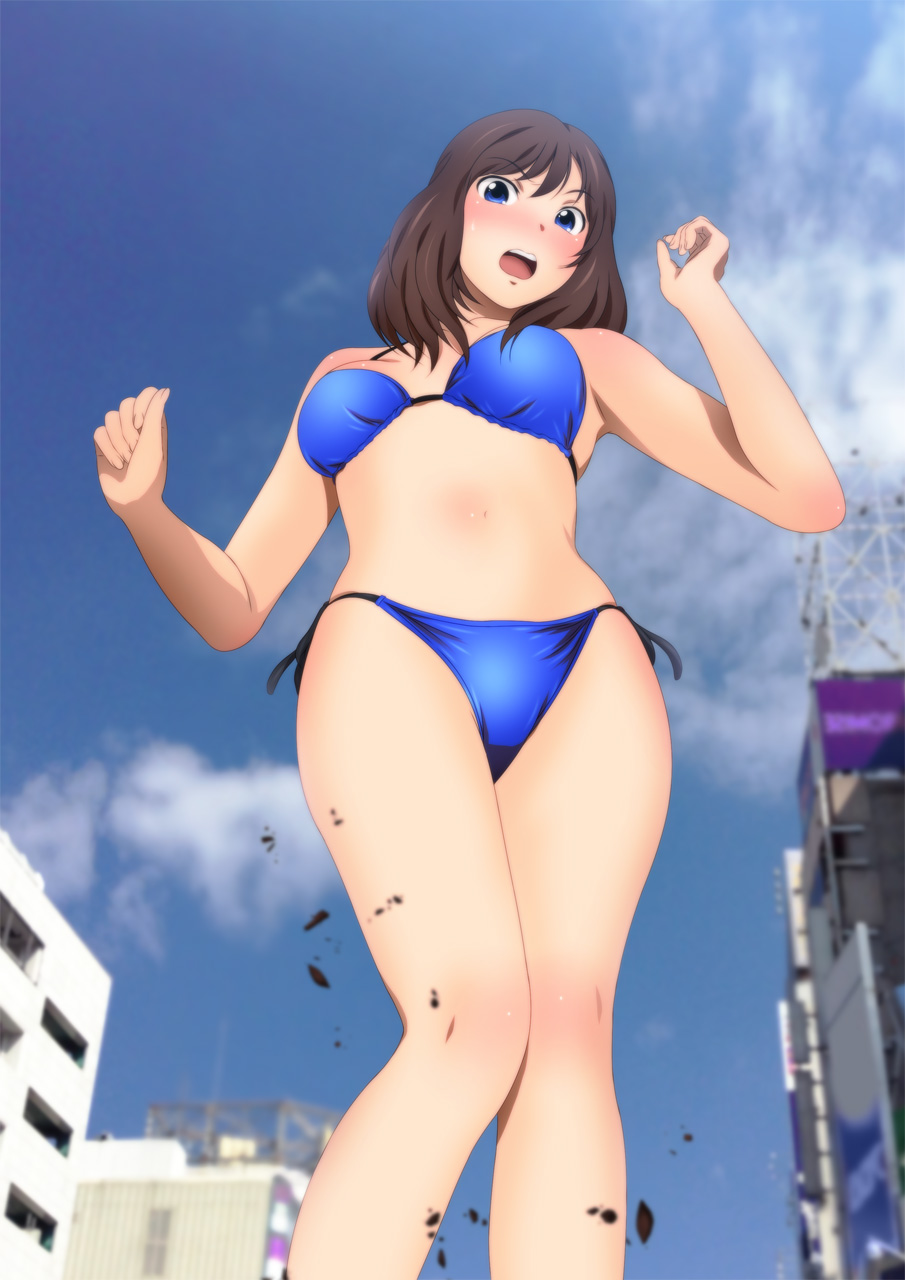 1girl bikini blue_eyes blush giantess highres open_mouth short_hair swimsuit yadokari_genpachirou