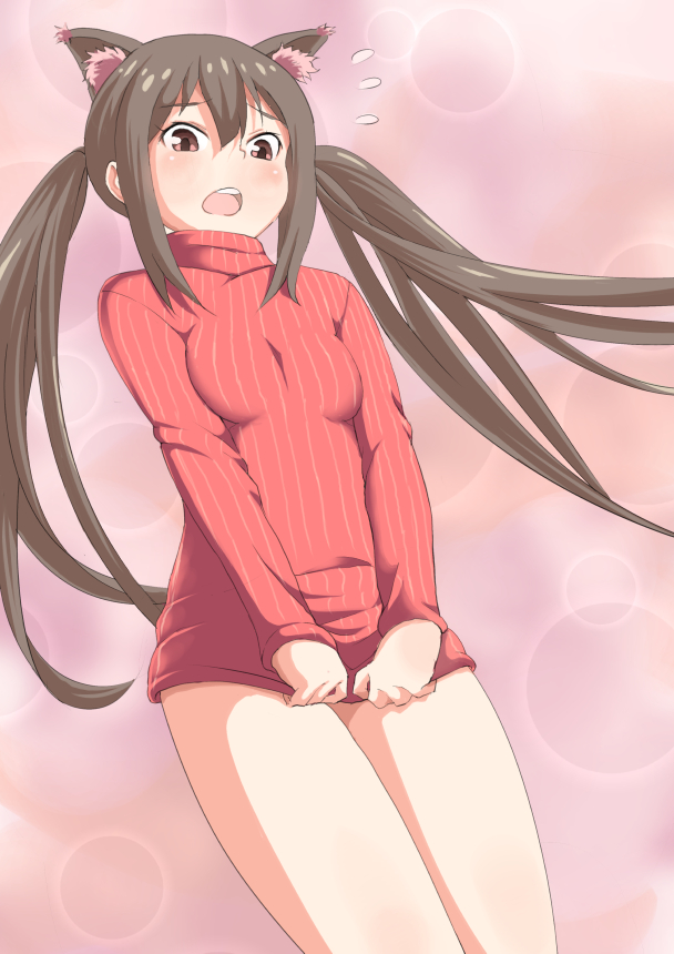 1girl black_hair brown_eyes from_below k-on! long_hair nakano_azusa satomi_yoshitaka sweater sweater_pull twintails