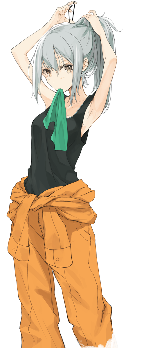 adjusting_hair armpits bare_shoulders clothes_around_waist grey_hair jacket_around_waist kantai_collection miruto_netsuki mouth_hold tank_top tying_hair yellow_eyes yuubari_(kantai_collection)