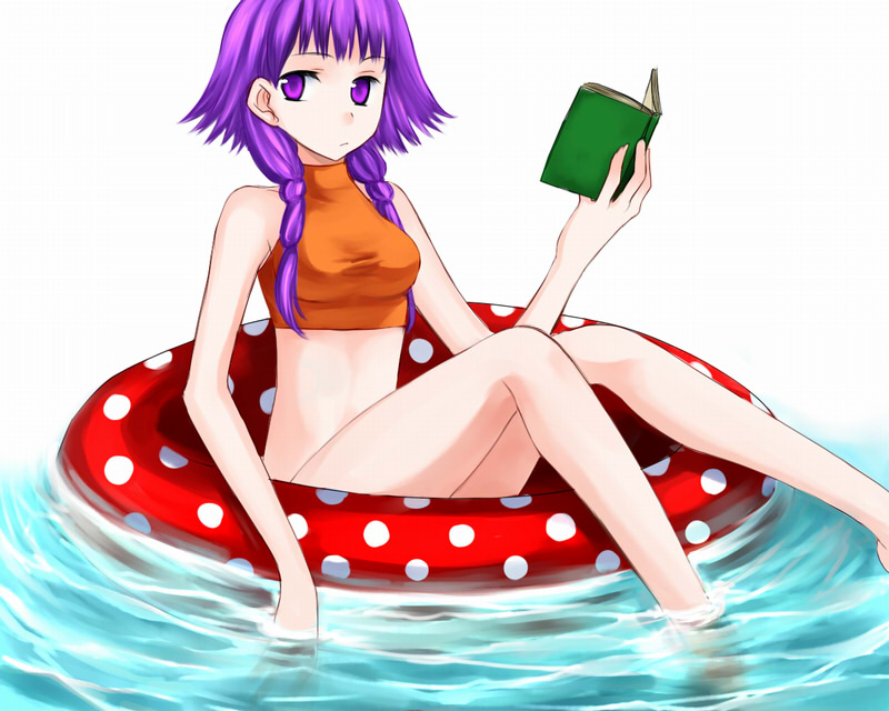 1girl 74 afloat bare_shoulders book expressionless fire_emblem fire_emblem:_seima_no_kouseki holding holding_book innertube looking_away low_twintails lute_(fire_emblem) midriff open_mouth purple_hair short_hair solo turtleneck twintails violet_eyes water