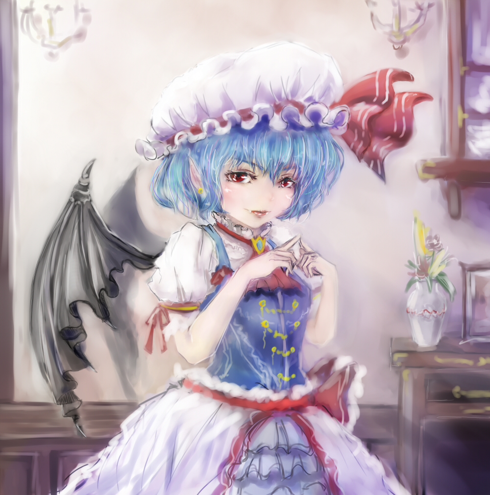 1girl ascot bat_wings blue_hair brooch cupboard earrings eyelashes fang_out fangs frilled_skirt frills hat hat_ribbon indoors jewelry light_smile lips looking_at_viewer mob_cap picture_frame pointy_ears puffy_short_sleeves puffy_sleeves red_eyes remilia_scarlet ribbon shadow short_hair short_sleeves sketch skirt solo steepled_fingers touhou txoxsxhxi vase vest wings